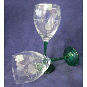 Eamon Glass Emerald Stem Shamrock Cut Wine A Pair Made in Ireland New Vintage
